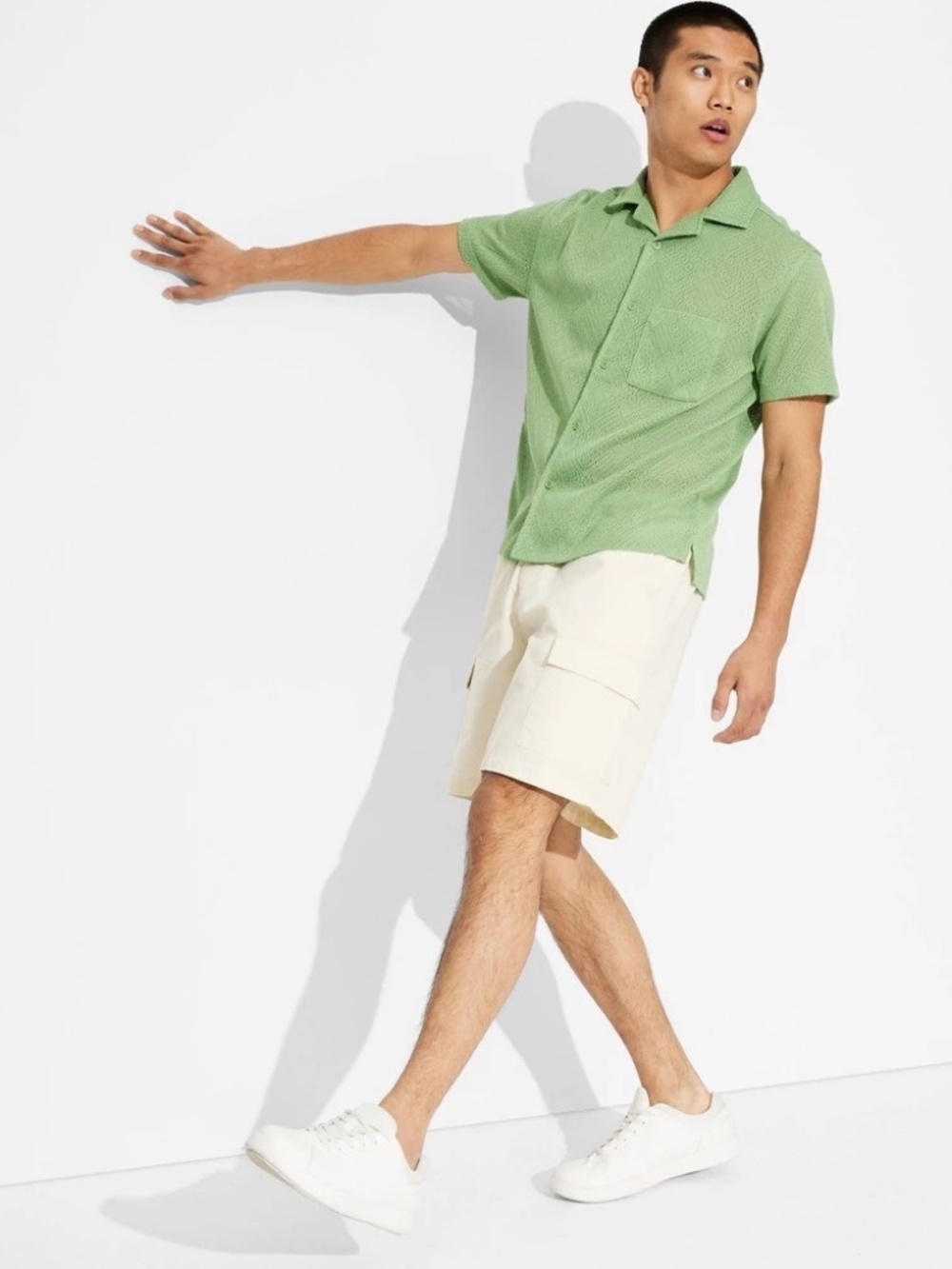 Men's Short Sleeve Knit Button-Down Shirt- Original Use™- Green L: Recycled Poly
